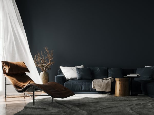 Modern interior design of living room. Black sofa and empty mockup wall background. 3D Rendering, 3D Illustration